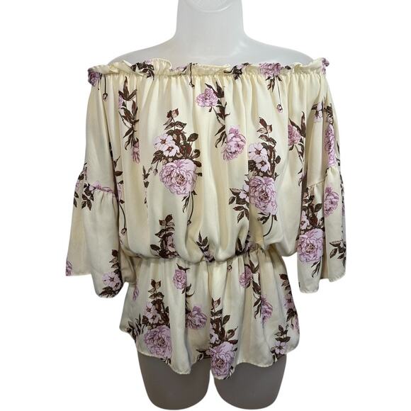 Off Shoulder Floral Peplum Blouse S Cottagecore Feminine Boho Ruffle Pastel Top - Picture 4 of 12